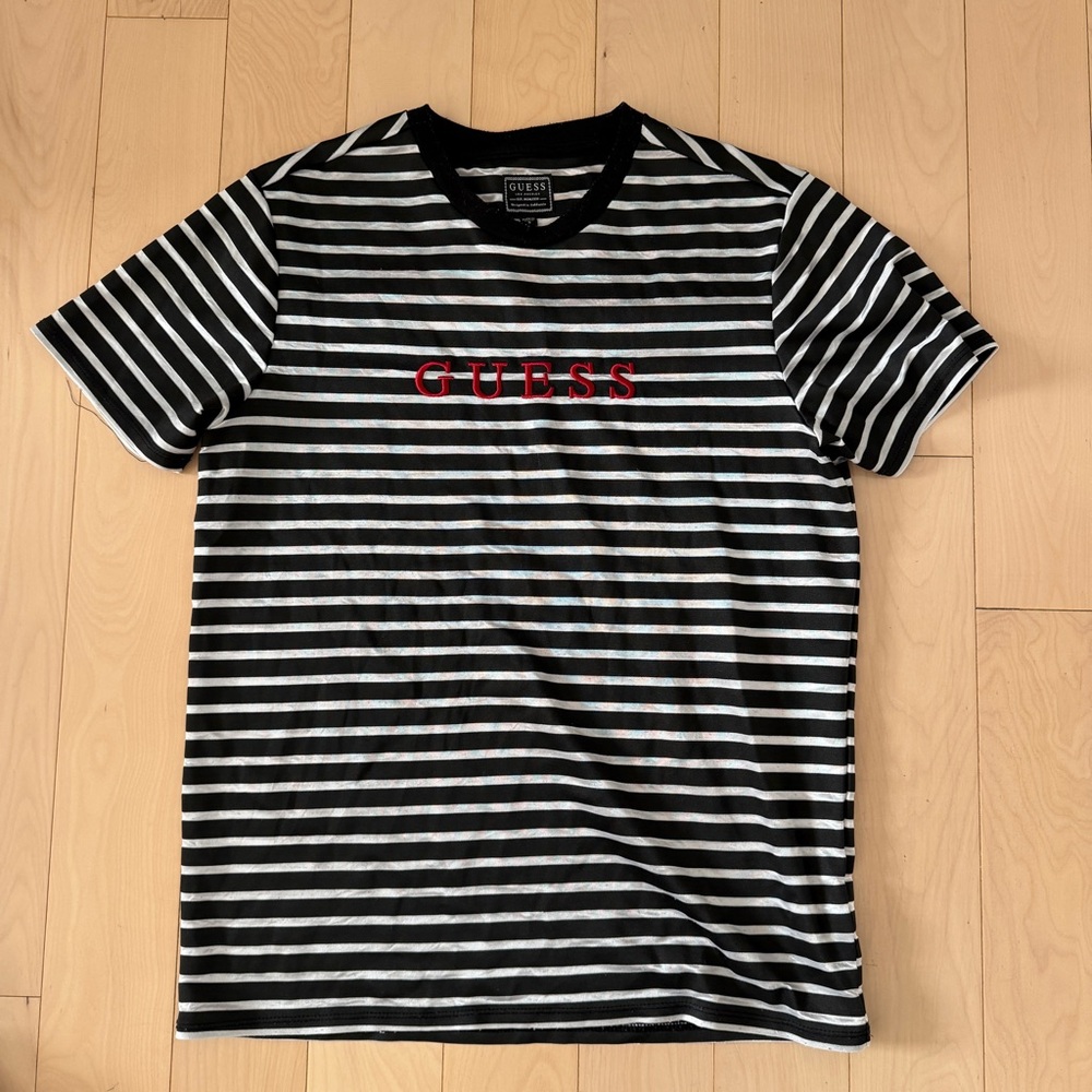 Guess Classic Black and White Striped Shirt with Red Logo